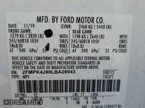 2020 Ford Edge SEL z VIN 2FMPK4J90LBA28943, wystawiony jako Copart lot #52723915 z przebiegiem 194 759 mil mil oraz Szkoda całkowita • Salvage title. Historia ofert i sprzedaży dostępna na DreamBid. Obrazek 13.