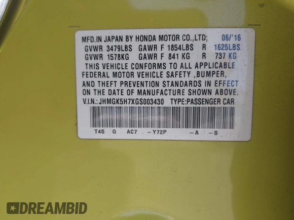 2016 Honda Fit EX z VIN JHMGK5H7XGS003430, wystawiony jako IAAI lot #42676495 z przebiegiem 167 100 mil mil oraz . Historia ofert i sprzedaży dostępna na DreamBid. Obrazek 9.