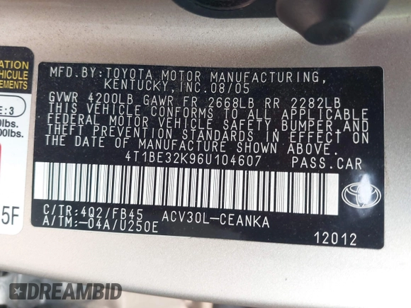 2006 Toyota Camry STD with VIN 4T1BE32K96U104607, listed as a IAAI auction lot 42031570 with 122,867 mi miles and . Bid and sale history available at DreamBid. Image 9.