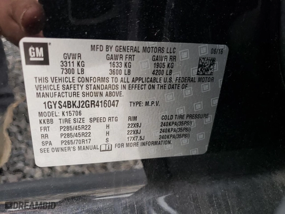2016 Cadillac Escalade Luxury Collection with VIN 1GYS4BKJ2GR416047, listed as a Copart auction lot 71439884 with 101,118 mi miles and Salvage Title. Bid and sale history available at carsss.com. Image 14.