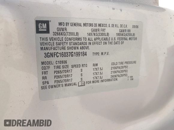 2007 Chevrolet Suburban LT with VIN 3GNFC16037G199184, listed as a IAAI auction lot 42666370 with 259,929 mi miles and . Bid and sale history available at DreamBid. Image 9.
