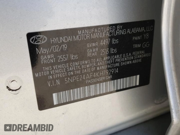 2019 Hyundai Sonata SE with VIN 5NPE24AF4KH792914, listed as a Copart auction lot 47111395 with 110,615 mi miles and Salvage Title. Bid and sale history available at DreamBid. Image 14.