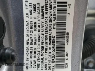 2019 Honda Insight EX with VIN 19XZE4F55KE018247, listed as a Copart auction lot 49000725 with 74,224 mi miles and Salvage Title. Bid and sale history available at carsss.com. Image 12.