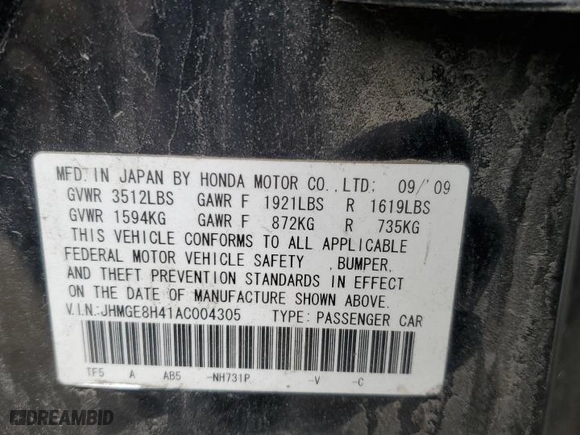 2010 Honda Fit Sport with VIN JHMGE8H41AC004305, listed as a Copart auction lot 57230944 with 160,596 mi miles and Salvage Title. Bid and sale history available at carsss.com. Image 12.