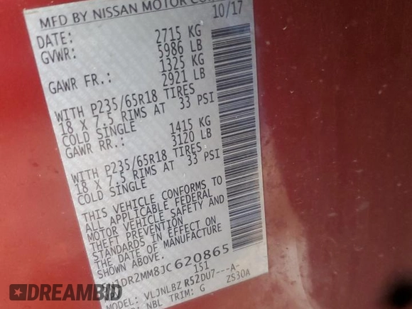 2018 Nissan Pathfinder S with VIN 5N1DR2MM8JC620865, listed as a Copart auction lot 58672415 with 131,647 mi miles and Clean title. Bid and sale history available at DreamBid. Image 12.