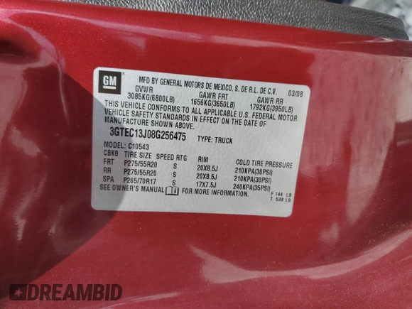 2008 GMC Sierra 1500 SLE1 z VIN 3GTEC13J08G256475, wystawiony jako Copart lot #53936155 z przebiegiem 164 383 mil mil oraz Szkoda całkowita • Salvage title. Historia ofert i sprzedaży dostępna na DreamBid. Obrazek 12.