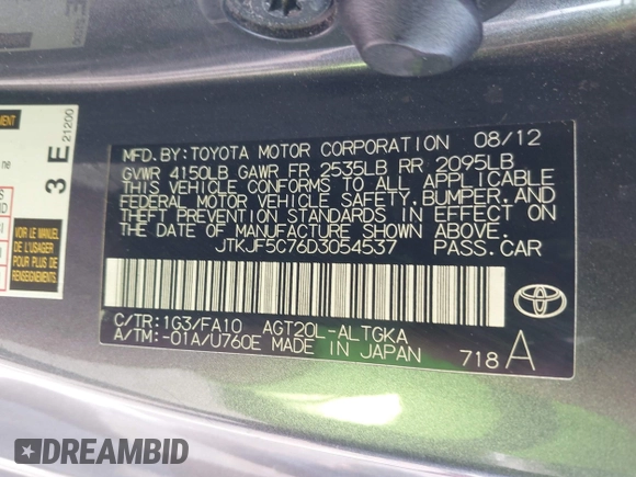 2013 Scion tC z VIN JTKJF5C76D3054537, wystawiony jako IAAI lot #42139016 z przebiegiem 224 566 mil mil oraz . Historia ofert i sprzedaży dostępna na DreamBid. Obrazek 9.