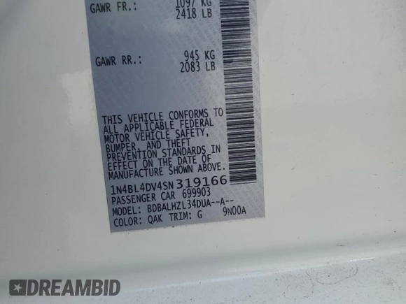 2025 Nissan Altima SV with VIN 1N4BL4DV4SN319166, listed as a Copart auction lot 55099225 with 9,447 mi miles and Clean Title. Bid and sale history available at DreamBid. Image 13.