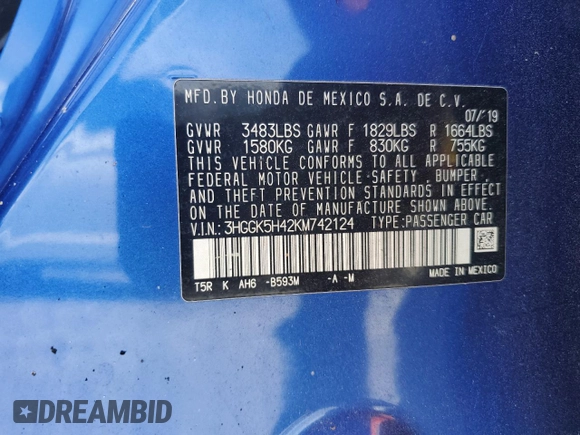2019 Honda Fit LX z VIN 3HGGK5H42KM742124, wystawiony jako Copart lot #57174335 z przebiegiem Nie podano mil oraz Nie do naprawy • Non repairable. Historia ofert i sprzedaży dostępna na DreamBid. Obrazek 12.