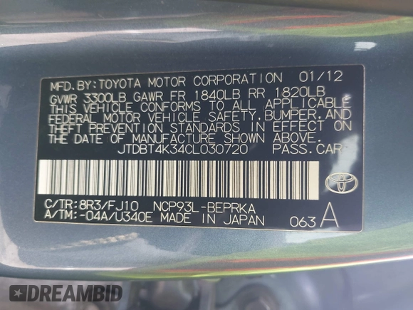 2012 Toyota Yaris with VIN JTDBT4K34CL030720, listed as a IAAI auction lot 42222397 with 252,669 mi miles and . Bid and sale history available at DreamBid. Image 9.