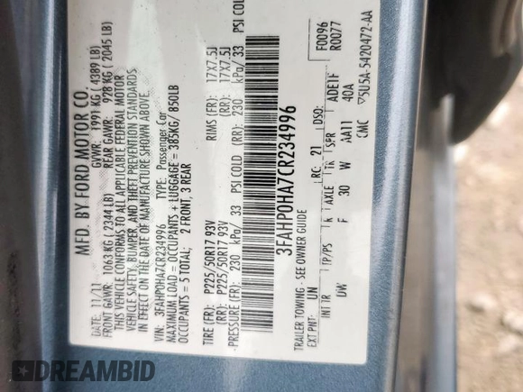 2012 Ford Fusion SE z VIN 3FAHP0HA7CR234996, wystawiony jako Copart lot #59365175 z przebiegiem 117 769 mil mil oraz Szkoda całkowita • Salvage title. Historia ofert i sprzedaży dostępna na DreamBid. Obrazek 12.