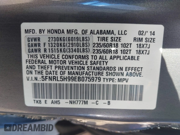 2014 Honda Odyssey Touring with VIN 5FNRL5H99EB075979, listed as a IAAI auction lot 42520154 with 99,314 mi miles and . Bid and sale history available at DreamBid. Image 9.