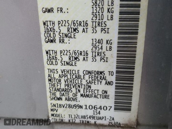 2009 Nissan Quest S with VIN 5N1BV28U99N106407, listed as a Copart auction lot 82570734 with 140,772 mi miles and Salvage Title. Bid and sale history available at carsss.com. Image 15.