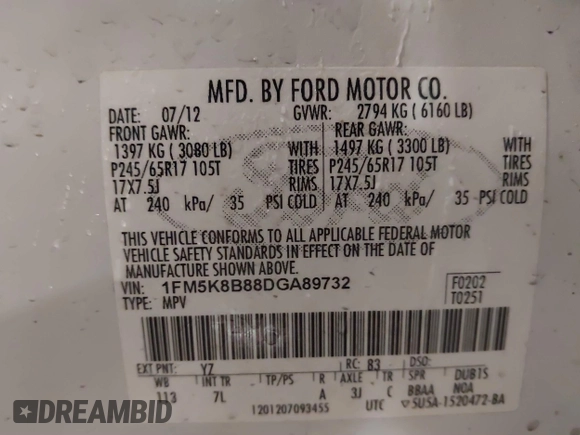 2013 Ford Explorer with VIN 1FM5K8B88DGA89732, listed as a IAAI auction lot 41566390 with 122,912 mi miles and . Bid and sale history available at carsss.com. Image 9.