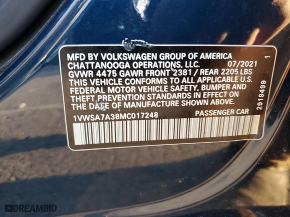 2021 Volkswagen Passat 2.0T SE with VIN 1VWSA7A38MC017248, listed as a Copart auction lot 48702175 with 48,402 mi miles and Salvage Title. Bid and sale history available at carsss.com. Image 14.