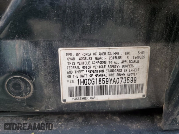 2000 Honda Accord EX z VIN 1HGCG1659YA073599, wystawiony jako Copart lot #58899565 z przebiegiem 389 828 mil mil oraz Szkoda całkowita • Salvage title. Historia ofert i sprzedaży dostępna na DreamBid. Obrazek 12.