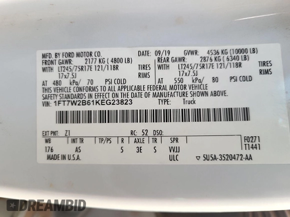 2019 Ford F-250 XL with VIN 1FT7W2B61KEG23823, listed as a IAAI auction lot 42670848 with 186,760 mi miles and . Bid and sale history available at DreamBid. Image 8.