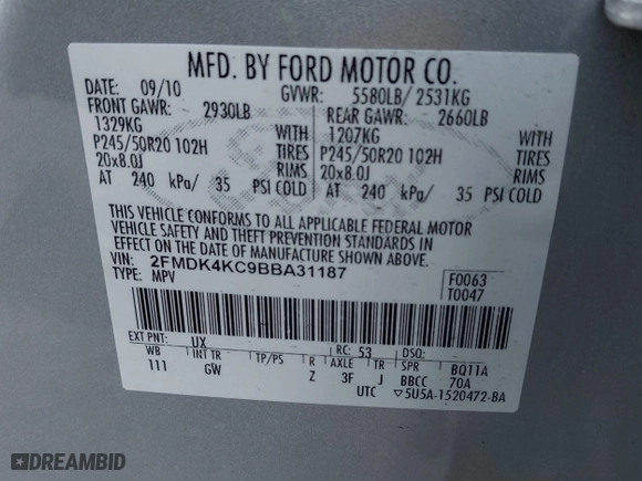 2011 Ford Edge Limited with VIN 2FMDK4KC9BBA31187, listed as a IAAI auction lot 41967206 with 140,178 mi miles. Bid and sale history available at carsss.com. Image 9.