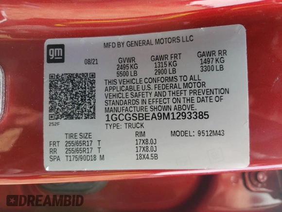 2021 Chevrolet Colorado 2WD Work Truck with VIN 1GCGSBEA9M1293385, listed as a Copart auction lot 55382135 with 39,287 mi miles and Salvage title. Bid and sale history available at DreamBid. Image 12.