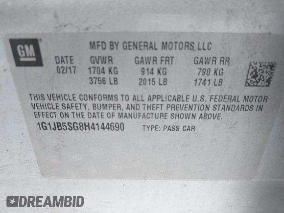 2017 Chevrolet Sonic LS with VIN 1G1JB5SG8H4144690, listed as a IAAI auction lot 42534639 with 51,971 mi miles and . Bid and sale history available at DreamBid. Image 9.