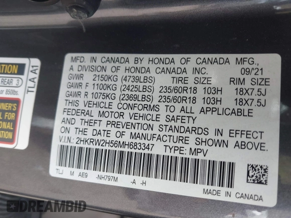 2021 Honda CR-V EX with VIN 2HKRW2H56MH683347, listed as a IAAI auction lot 41952783 with 35,182 mi miles. Bid and sale history available at carsss.com. Image 9.