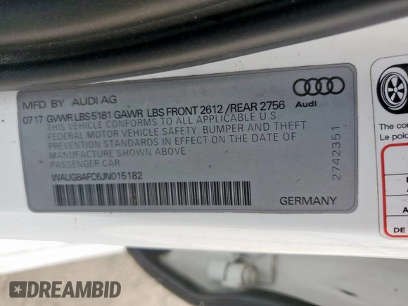 2018 Audi A6 Premium Plus with VIN WAUG8AFC6JN015182, listed as a Copart auction lot 62075175 with 89,363 mi miles and Clean title. Bid and sale history available at DreamBid. Image 12.