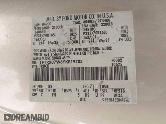 2000 Ford F-150 XL with VIN 1FTRX07W6YKB19703, listed as a IAAI auction lot 42375355 with Not provided miles and . Bid and sale history available at DreamBid. Image 9.