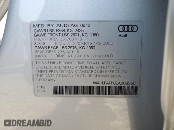 2014 Audi Q5 Premium Plus with VIN WA1LFAFP8EA008350, listed as a Copart auction lot 60706995 with 80,916 mi miles and Salvage title. Bid and sale history available at DreamBid. Image 13.