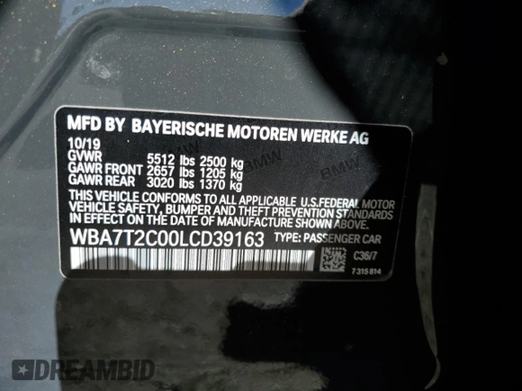 2020 BMW 7 Series 740i with VIN WBA7T2C00LCD39163, listed as a Copart auction lot 67325212 with 0 mi miles. Bid and sale history available at carsss.com. Image 14.