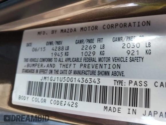 2016 Mazda Mazda6 i Sport with VIN JM1GJ1U50G1436343, listed as a IAAI auction lot 41760556 with 35,547 mi miles. Bid and sale history available at carsss.com. Image 9.