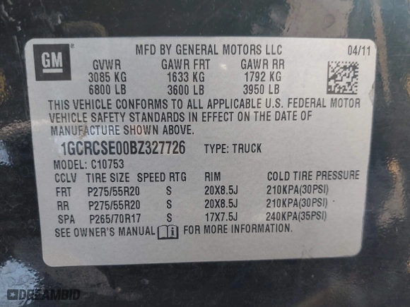 2011 Chevrolet Silverado 1500 LT with VIN 1GCRCSE00BZ327726, listed as a IAAI auction lot 41713327 with 228,435 mi miles. Bid and sale history available at carsss.com. Image 9.