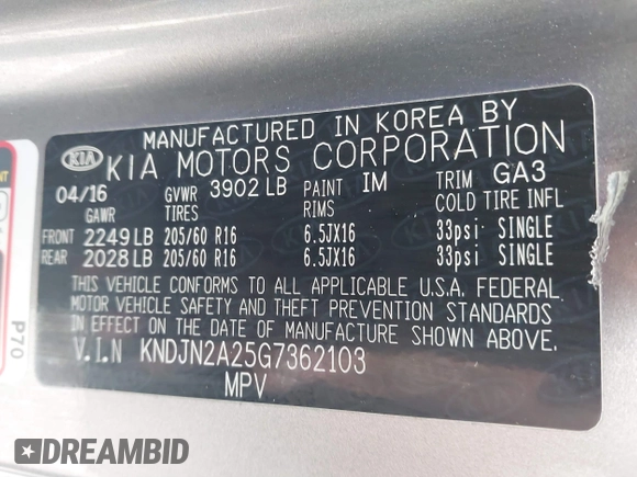 2016 Kia Soul with VIN KNDJN2A25G7362103, listed as a IAAI auction lot 41686898 with 83,621 mi miles and . Bid and sale history available at DreamBid. Image 9.