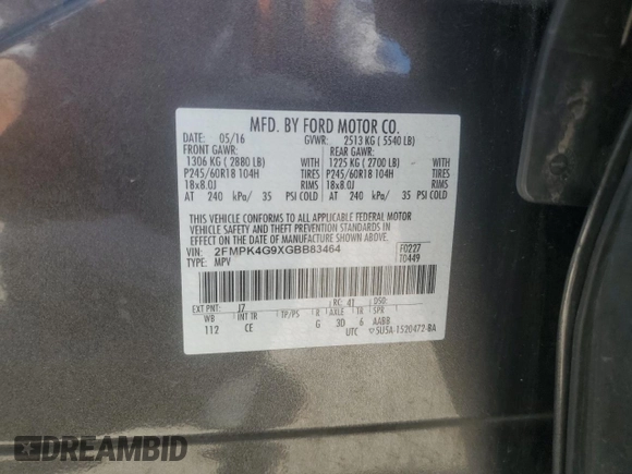 2016 Ford Edge SE with VIN 2FMPK4G9XGBB83464, listed as a Copart auction lot 61490565 with 147,401 mi miles and Salvage title. Bid and sale history available at DreamBid. Image 13.