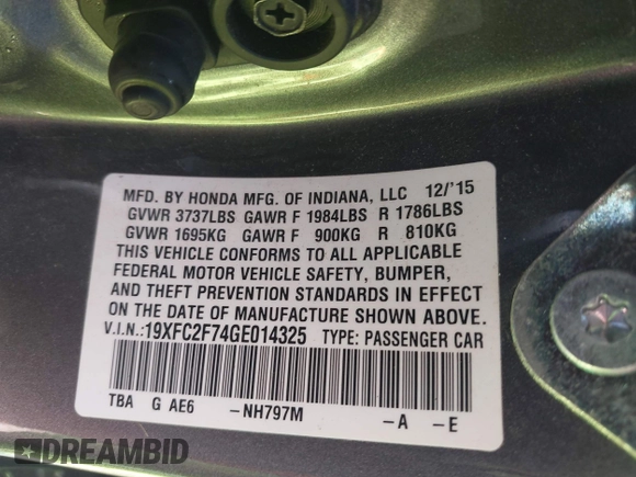 2016 Honda Civic EX with VIN 19XFC2F74GE014325, listed as a IAAI auction lot 41188650 with 117,040 mi miles and . Bid and sale history available at DreamBid. Image 9.