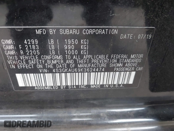 2019 Subaru Impreza Limited with VIN 4S3GKAU69K3624474, listed as a IAAI auction lot 41406263 with 55,494 mi miles and . Bid and sale history available at DreamBid. Image 9.