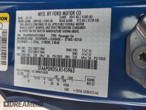 2020 Ford Fusion SE with VIN 3FA6P0HD5LR145963, listed as a Copart auction lot 43199375 with 22,930 mi miles and Salvage Title. Bid and sale history available at carsss.com. Image 13.