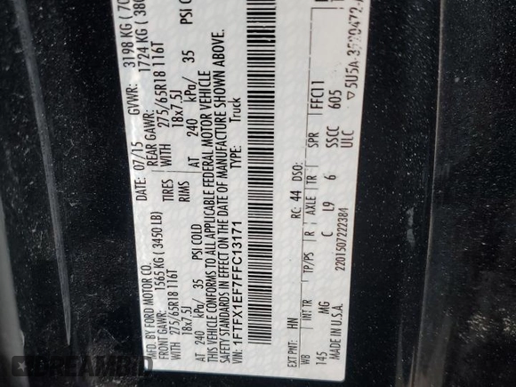 2015 Ford F-150 XLT with VIN 1FTFX1EF7FFC13171, listed as a Copart auction lot 53156575 with 145,292 mi miles and Salvage title. Bid and sale history available at DreamBid. Image 12.