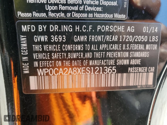 2014 Porsche Boxster z VIN WP0CA2A8XES121365, wystawiony jako Copart lot #49906585 z przebiegiem Nie podano mil oraz Szkoda całkowita • Salvage title. Historia ofert i sprzedaży dostępna na DreamBid. Obrazek 13.