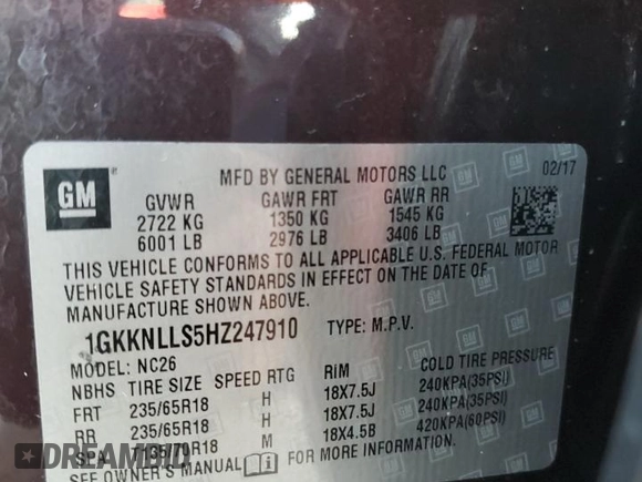 2017 GMC Acadia SLE with VIN 1GKKNLLS5HZ247910, listed as a Copart auction lot 51517675 with Not provided miles and Salvage title. Bid and sale history available at DreamBid. Image 14.
