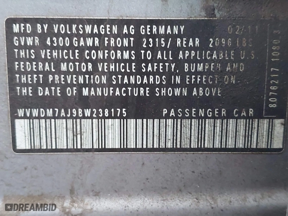 2011 Volkswagen Golf TDI with VIN WVWDM7AJ9BW238175, listed as a IAAI auction lot 41943019 with 153,581 mi miles. Bid and sale history available at carsss.com. Image 9.