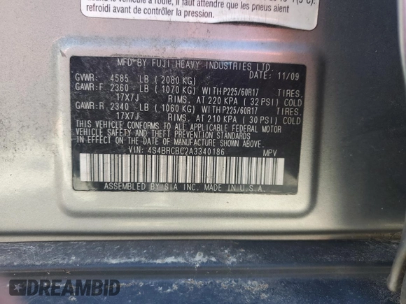 2010 Subaru Outback 2.5i Prem with VIN 4S4BRCBC2A3340186, listed as a Copart auction lot 76679034 with 179,388 mi miles and Salvage Title. Bid and sale history available at carsss.com. Image 13.