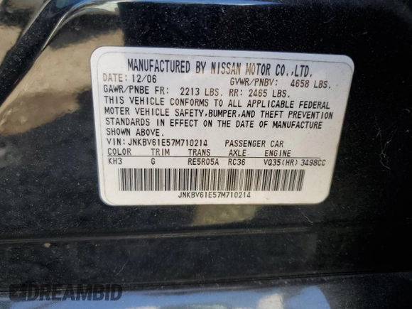 2007 Infiniti G35 Journey with VIN JNKBV61E57M710214, listed as a Copart auction lot 74440784 with 226,245 mi miles and Salvage Title. Bid and sale history available at DreamBid. Image 12.