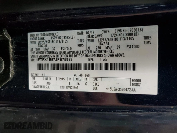 2018 Ford F-150 XL with VIN 1FTFX1E57JFE75983, listed as a Copart auction lot 52619685 with 184,124 mi miles and Clean title. Bid and sale history available at DreamBid. Image 12.