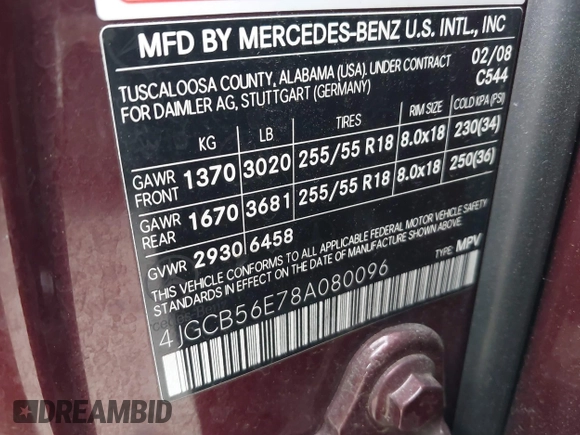 2008 Mercedes-Benz R-Class 3.5L with VIN 4JGCB56E78A080096, listed as a IAAI auction lot 41462714 with 193,312 mi miles. Bid and sale history available at carsss.com. Image 9.