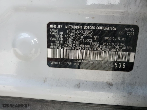 2022 Mitsubishi Eclipse Cross SE with VIN JA4ATWAA2NZ045931, listed as a Copart auction lot 44784505 with 55,340 mi miles and Salvage Title. Bid and sale history available at carsss.com. Image 14.
