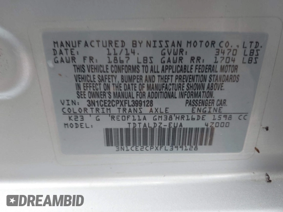 2015 Nissan Note SV с VIN 3N1CE2CPXFL399128, выставлен на аукционе IAAI как лот 42532258 с пробегом 68 825 миль миль и . История ставок и продаж доступна на DreamBid. Изображение 9.