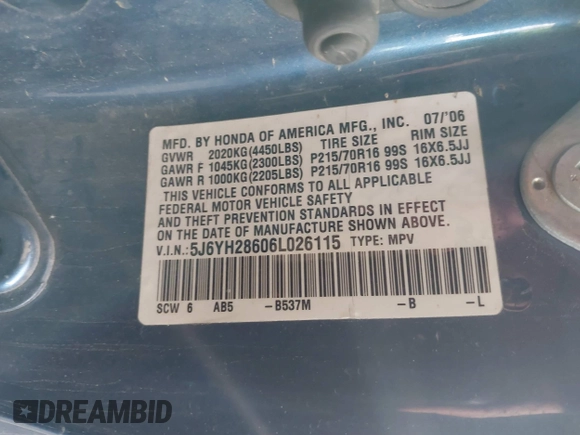 2006 Honda Element EX with VIN 5J6YH28606L026115, listed as a IAAI auction lot 41817686 with 207,828 mi miles and . Bid and sale history available at DreamBid. Image 9.