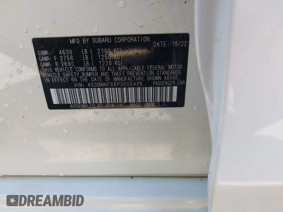2023 Subaru Legacy Premium z VIN 4S3BWAF66P3005429, wystawiony jako IAAI lot #41845127 z przebiegiem 84 355 mil mil oraz . Historia ofert i sprzedaży dostępna na DreamBid. Obrazek 9.