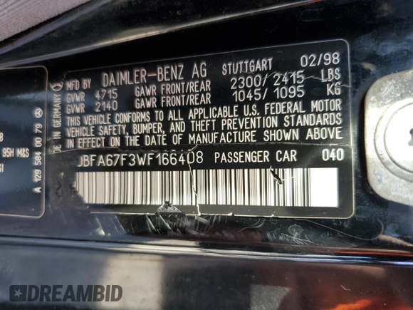 1998 Mercedes-Benz SL-Class with VIN WDBFA67F3WF166408, listed as a Copart auction lot 77603714 with 0 mi miles and Salvage Title. Bid and sale history available at carsss.com. Image 13.