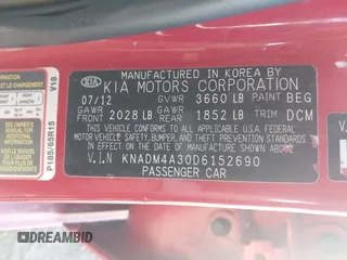 2013 Kia Rio LX with VIN KNADM4A30D6152690, listed as a IAAI auction lot 41966042 with 102,572 mi miles. Bid and sale history available at carsss.com. Image 9.